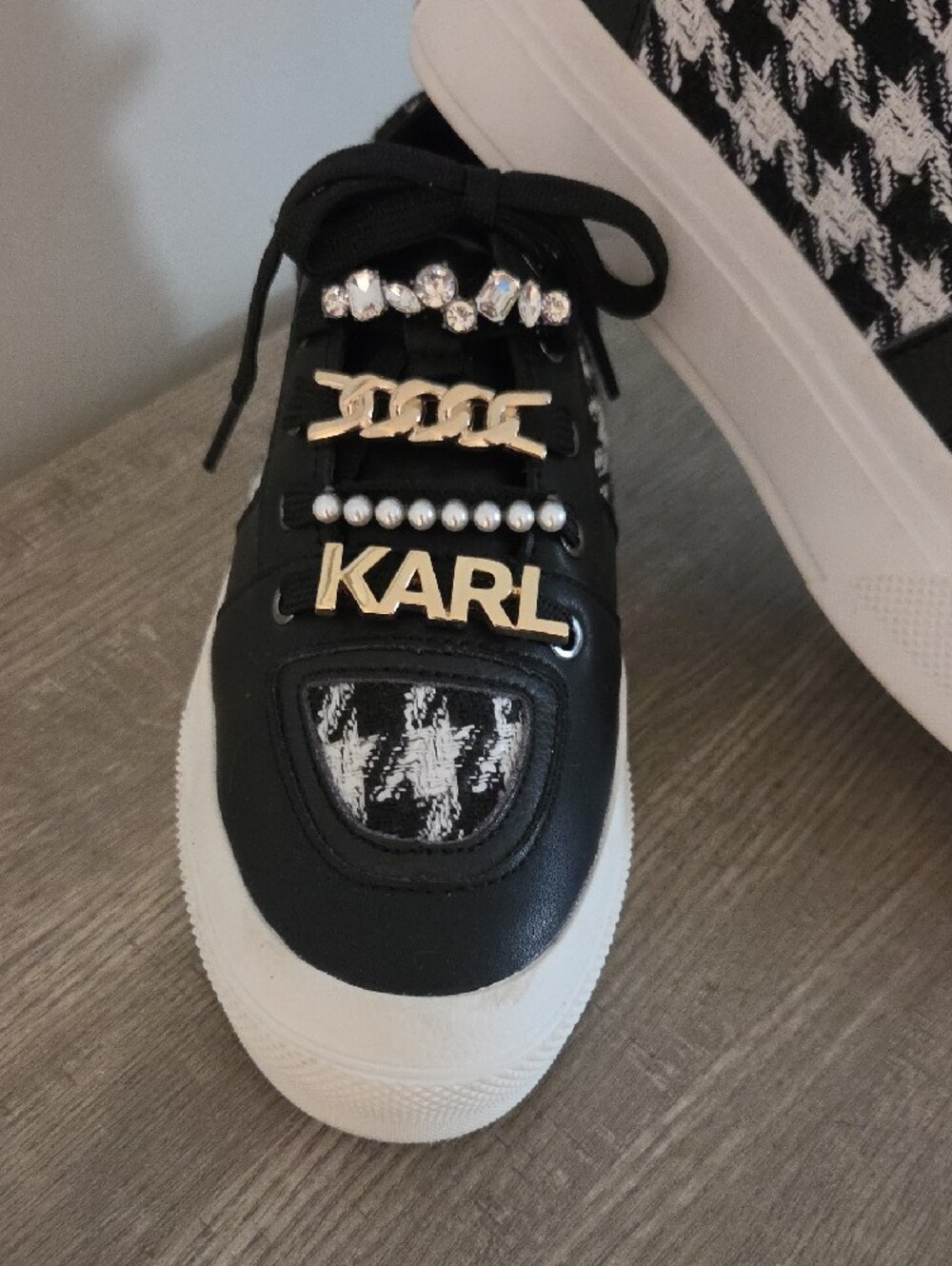 Karl Lagerfeld Black White Gretel Houndstooth Rhinestone Platform Sneakers 6.5 - Picture 1 of 8